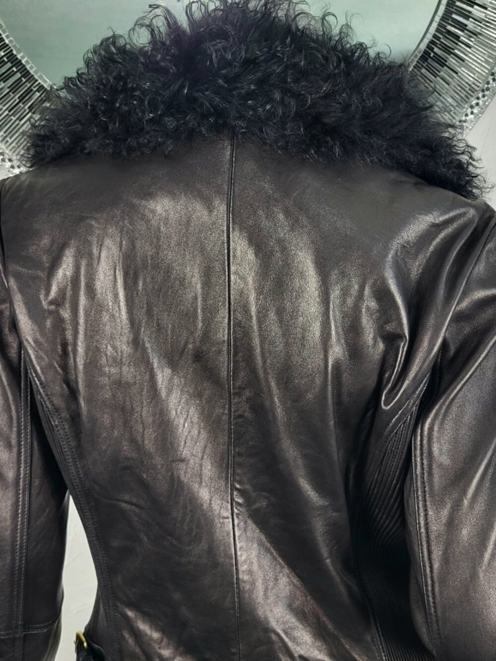WILSON'S~M~BLACK GENUINE LEATHER REAL MONGOLIAN CURLY LAMB FUR MOTO JACKET COAT - Picture 13 of 16